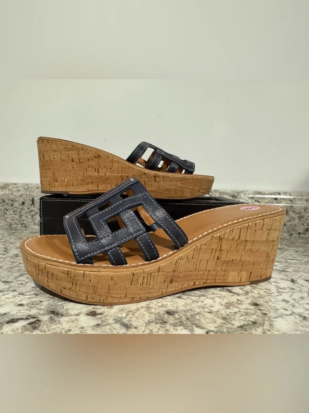 J. McLaughlin Piper wedge platform slide cork bottom sandals Navy Brown Size 9
